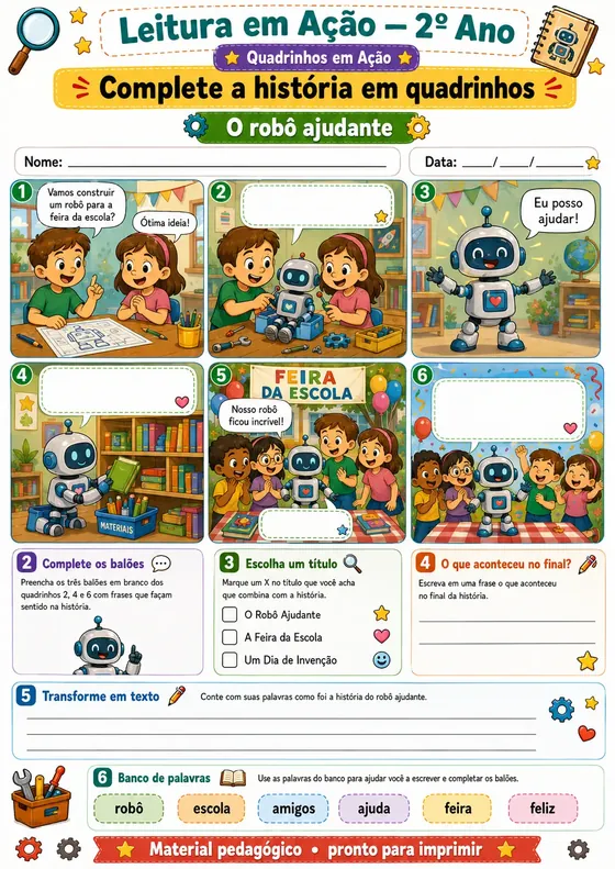 Complete a história em quadrinhos: o robô ajudante