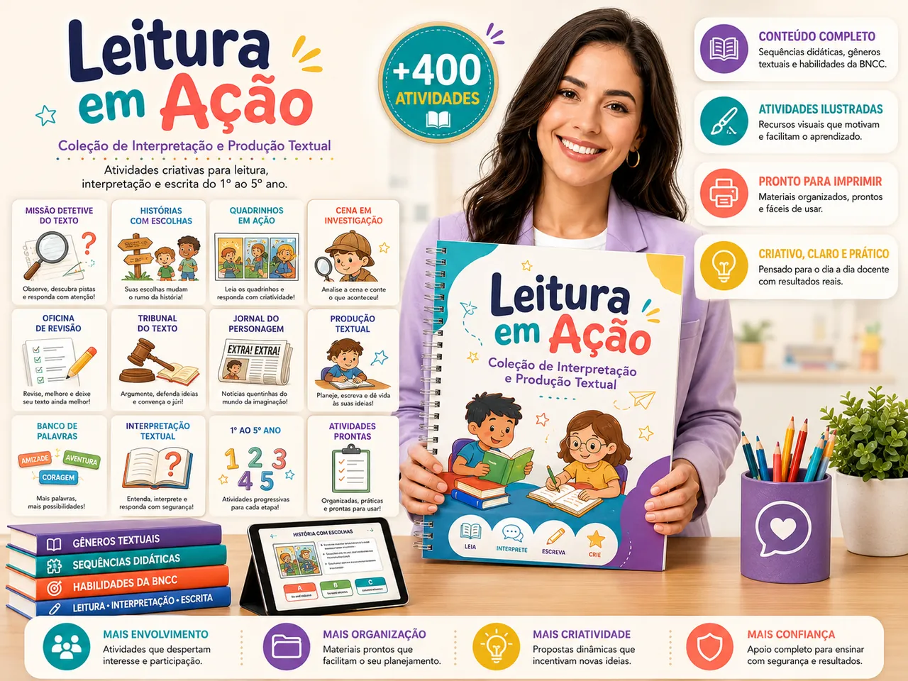Leitura em Ação — conteúdo completo: +400 atividades, formatos, benefícios e capas da coleção